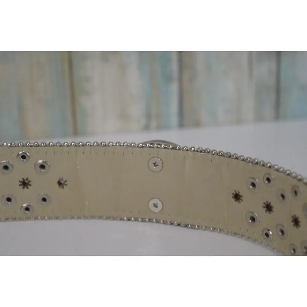 BHW Rhinestone Western Belt Brown Cow Hair Size M 32 Conch Jewel Gemstone Buckle
